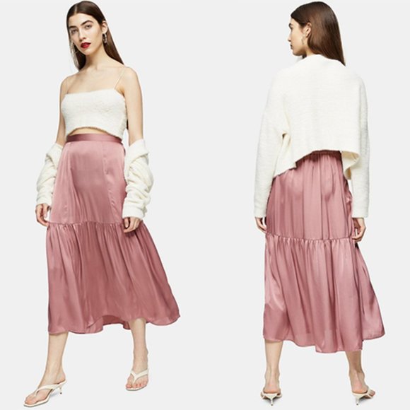 Topshop Dresses & Skirts - TopShop Plain Blush Pink Satin Tiered Midi Skirt 6